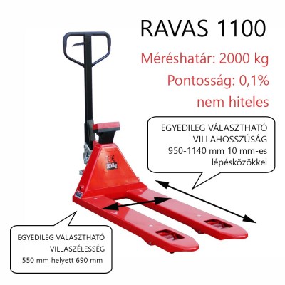 RAVAS 1100 - mérleges raklapemelő - hidraulikus kézi raklapemelő, békamérleg digitális mérleggel, egyedi mértetek, speciális hosszúság és szélesség